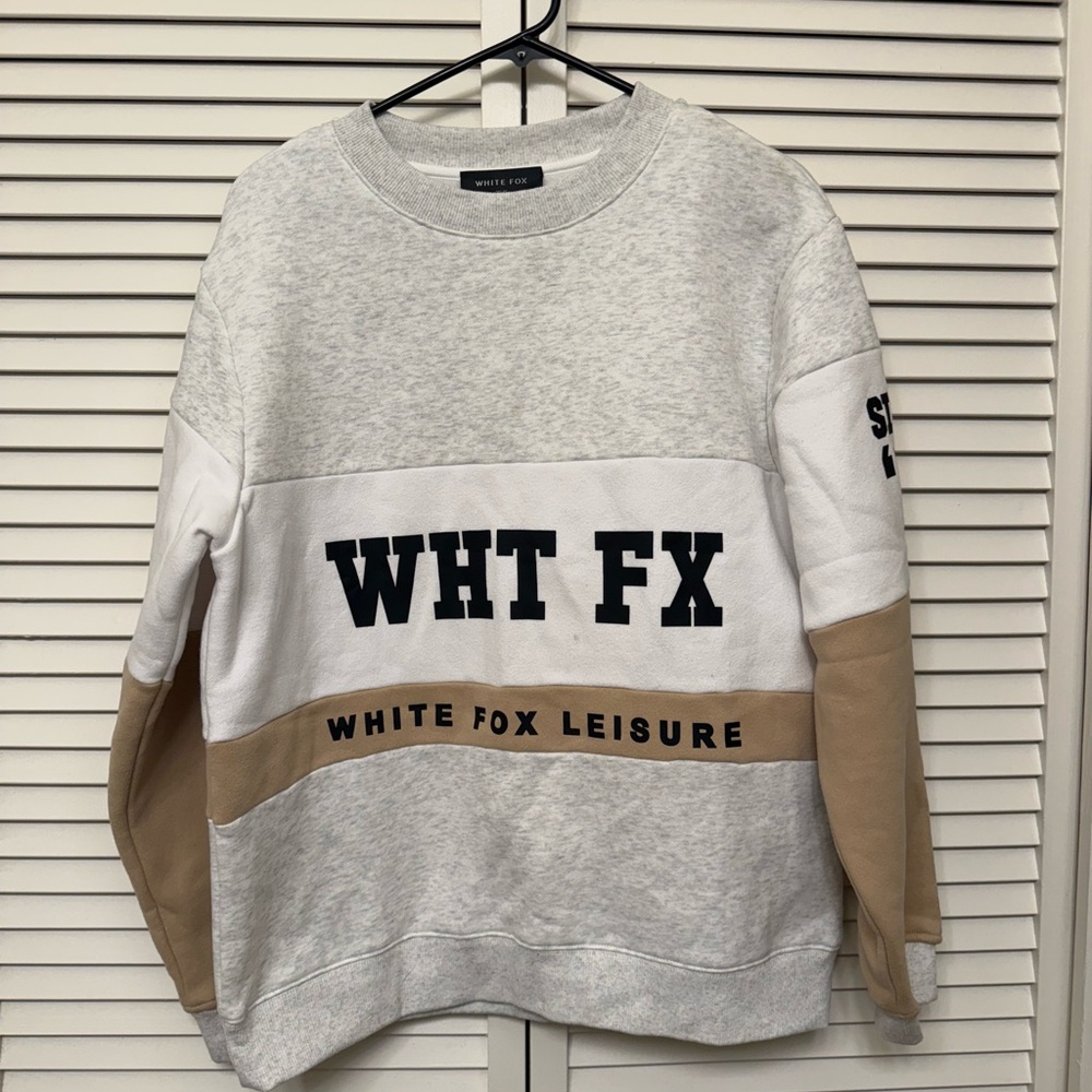 White Fox Boutique Gray and Tan Crewneck Sweater